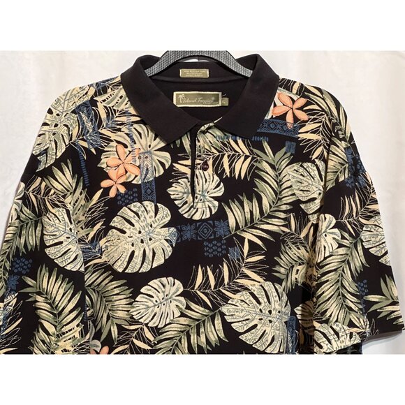 Island Tropics Leaf Print Polo Shirt XL Black Orange Green Short Sleeve Mens Cot - Picture 3 of 8